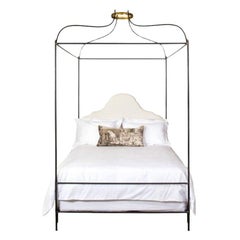 Iron Venetian Canopy Bed with Linen Headboard, Twin