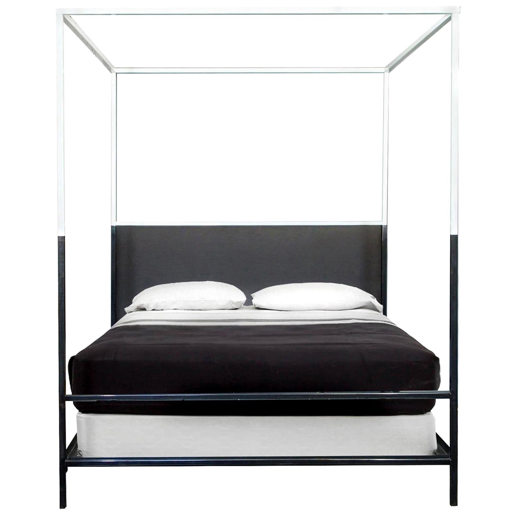 Two Tone Iron Canopy Bed with Linen Headboard, Twin For Sale
