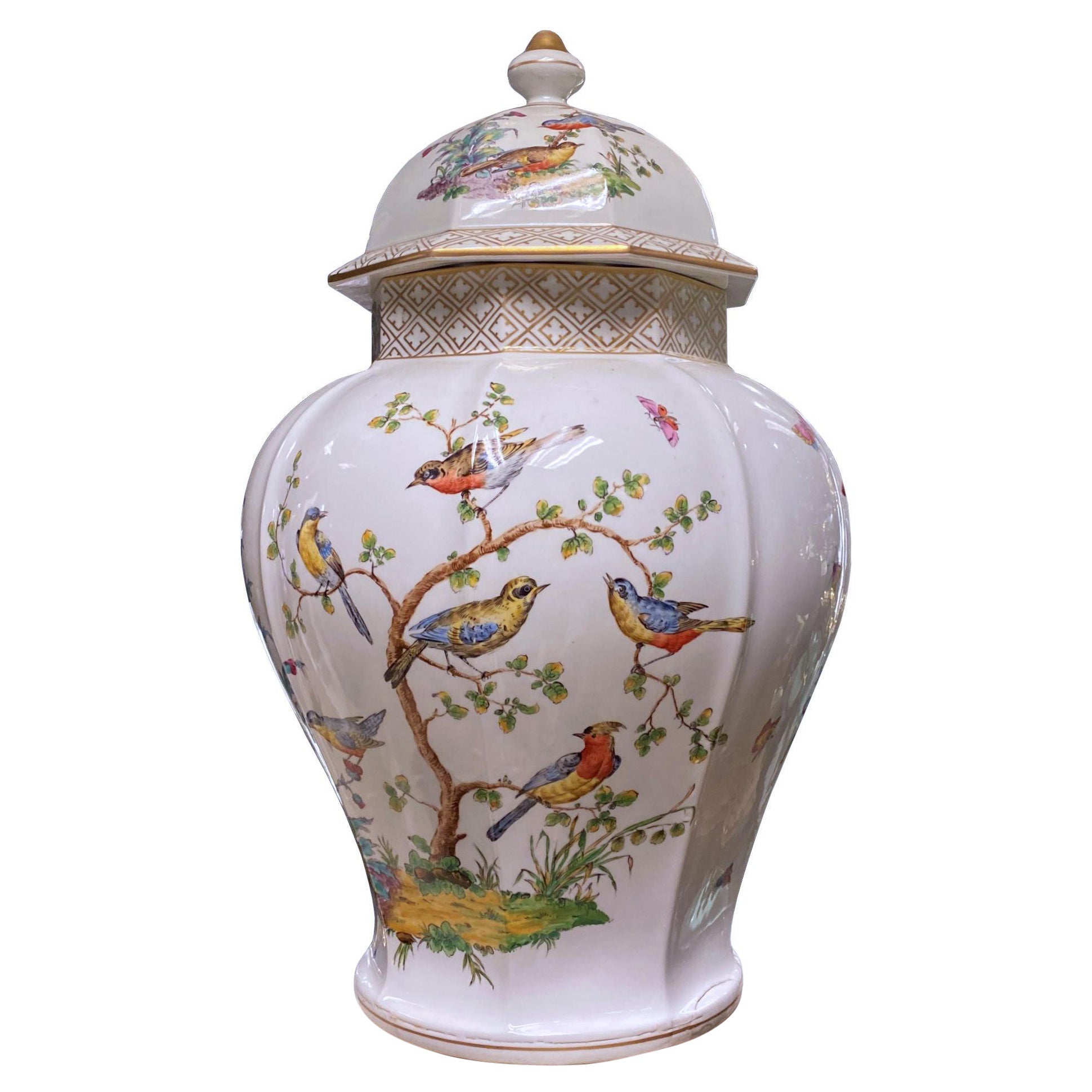 Large Ludwigsburg Bird Motif German Porcelain Vase and Cover For Sale