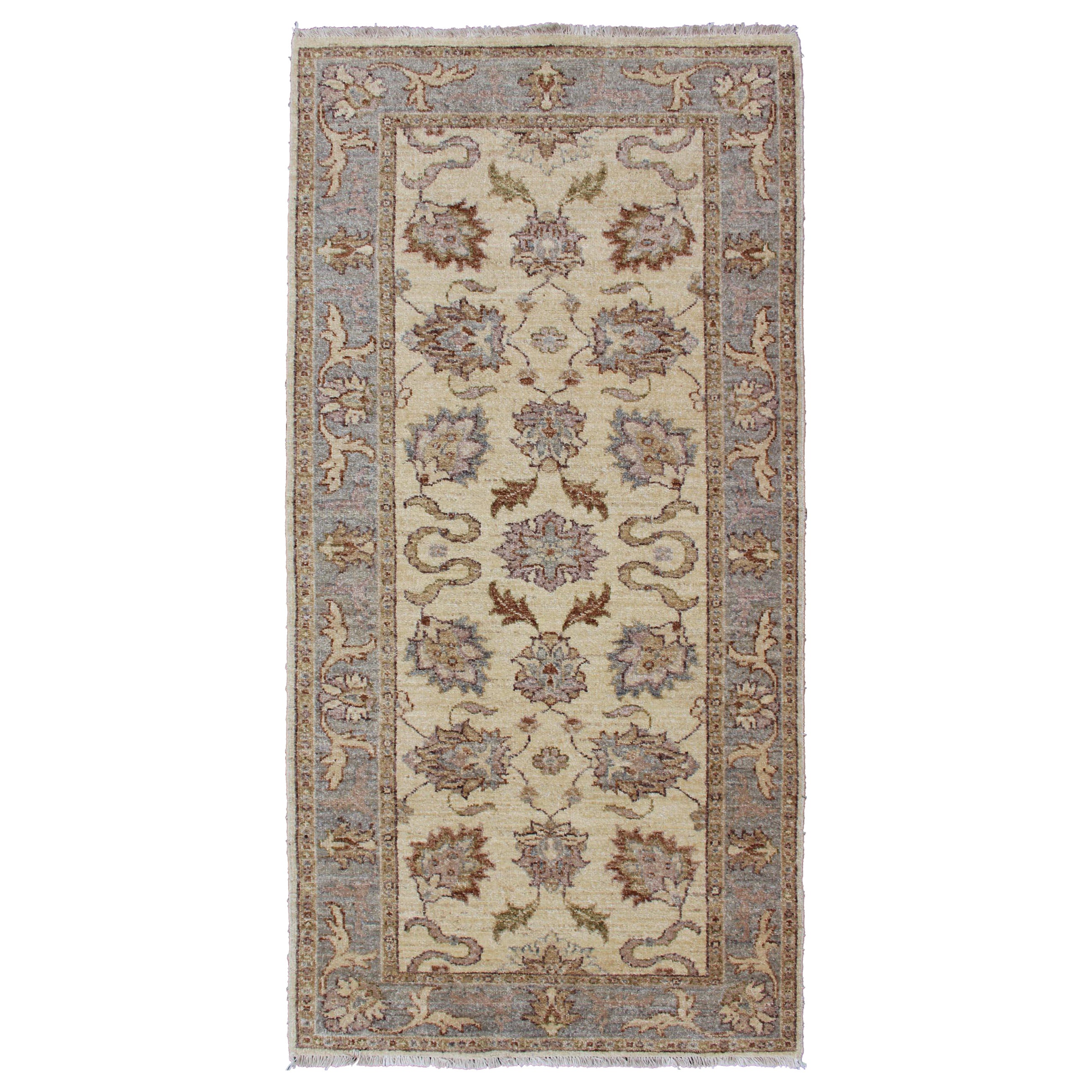 Modern Afghan Floral Pattern Short Runner in Earth Tones with Browns and Cream