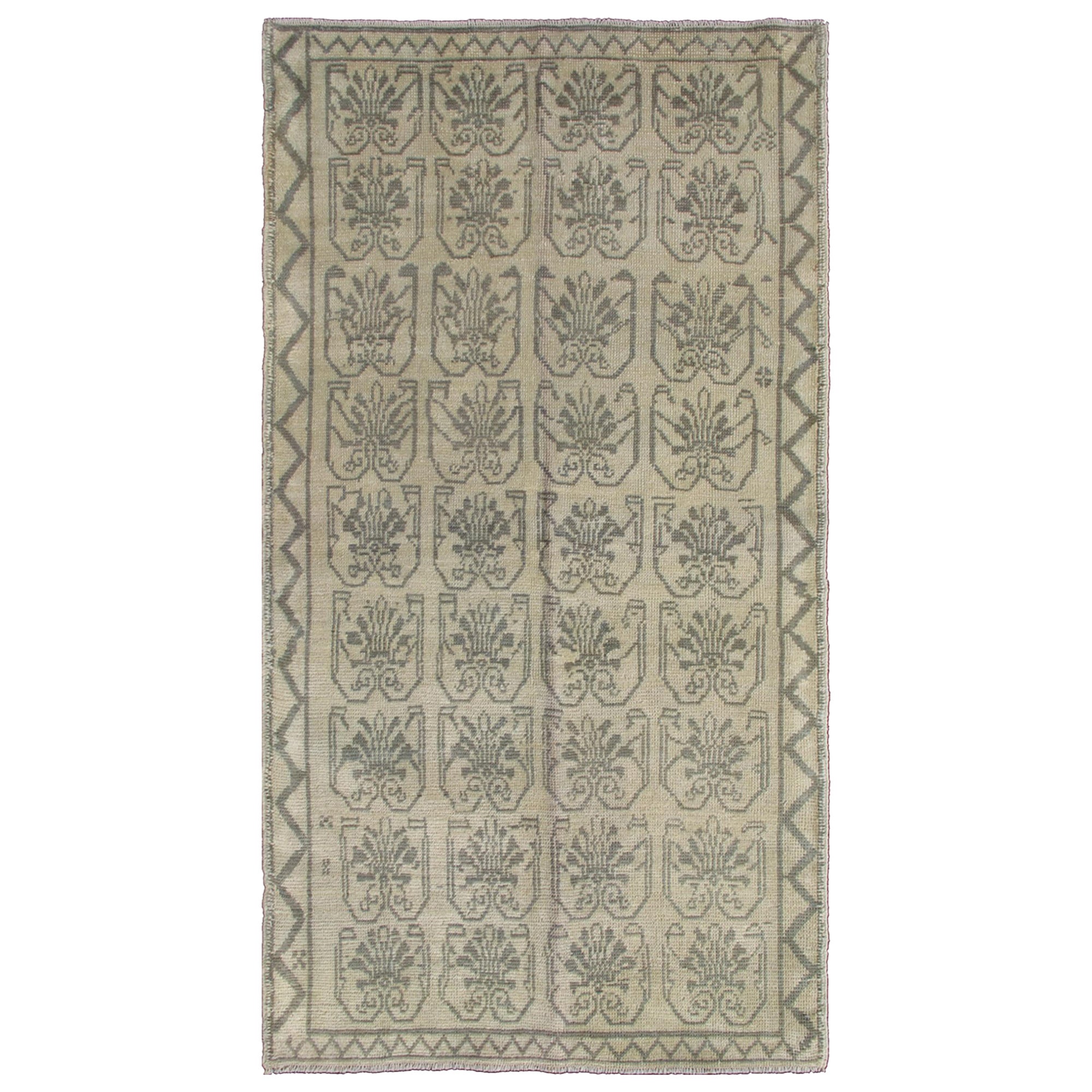 Light Taupe, Gray-Green, and Cream Turkish Tulu Vintage Rug with Latticework For Sale