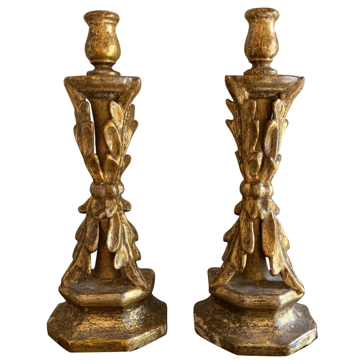 Pair of 18th Century Spanish Giltwood Hand Crved Candlestick