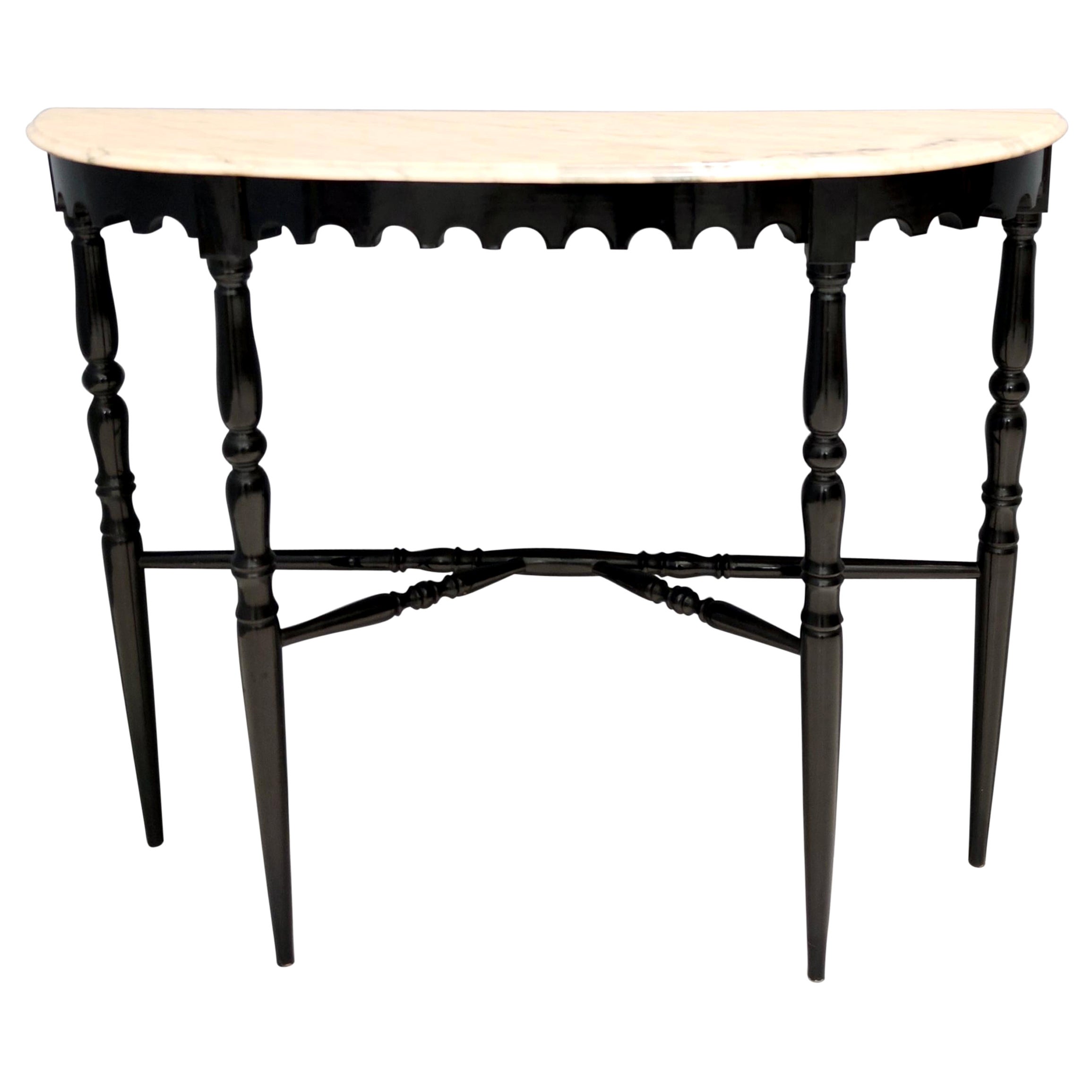 Vintage Ebonized Beech Console with a Demilune Portuguese Pink Marble Top, Italy