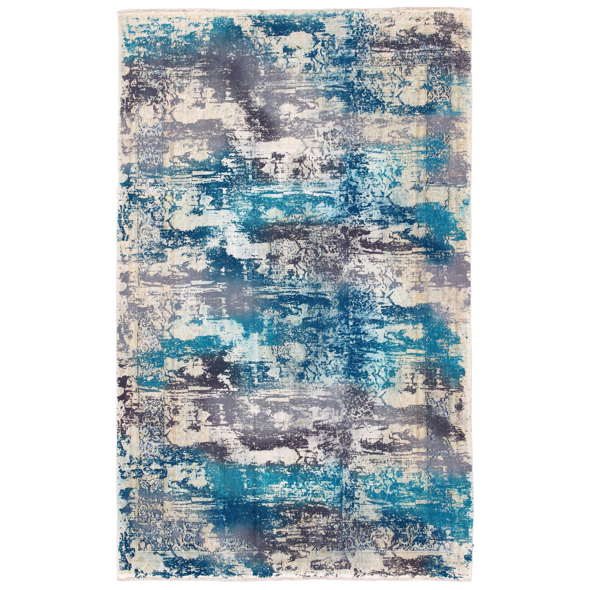 Vintage Rug in Modern Design in Shades of Blu, Gray, and Ivory