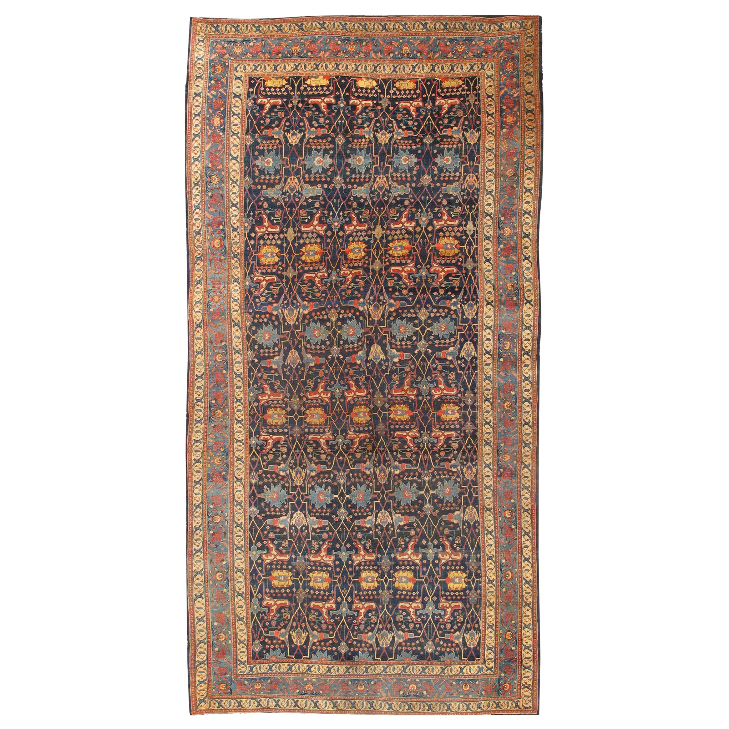 Large Antique Garous Bidjar in Geometric Design in Blue Background & Multi Color For Sale