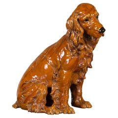 Vintage Glazed Terracotta Dog Sculpture Depicting a Russet Cocker Spaniel