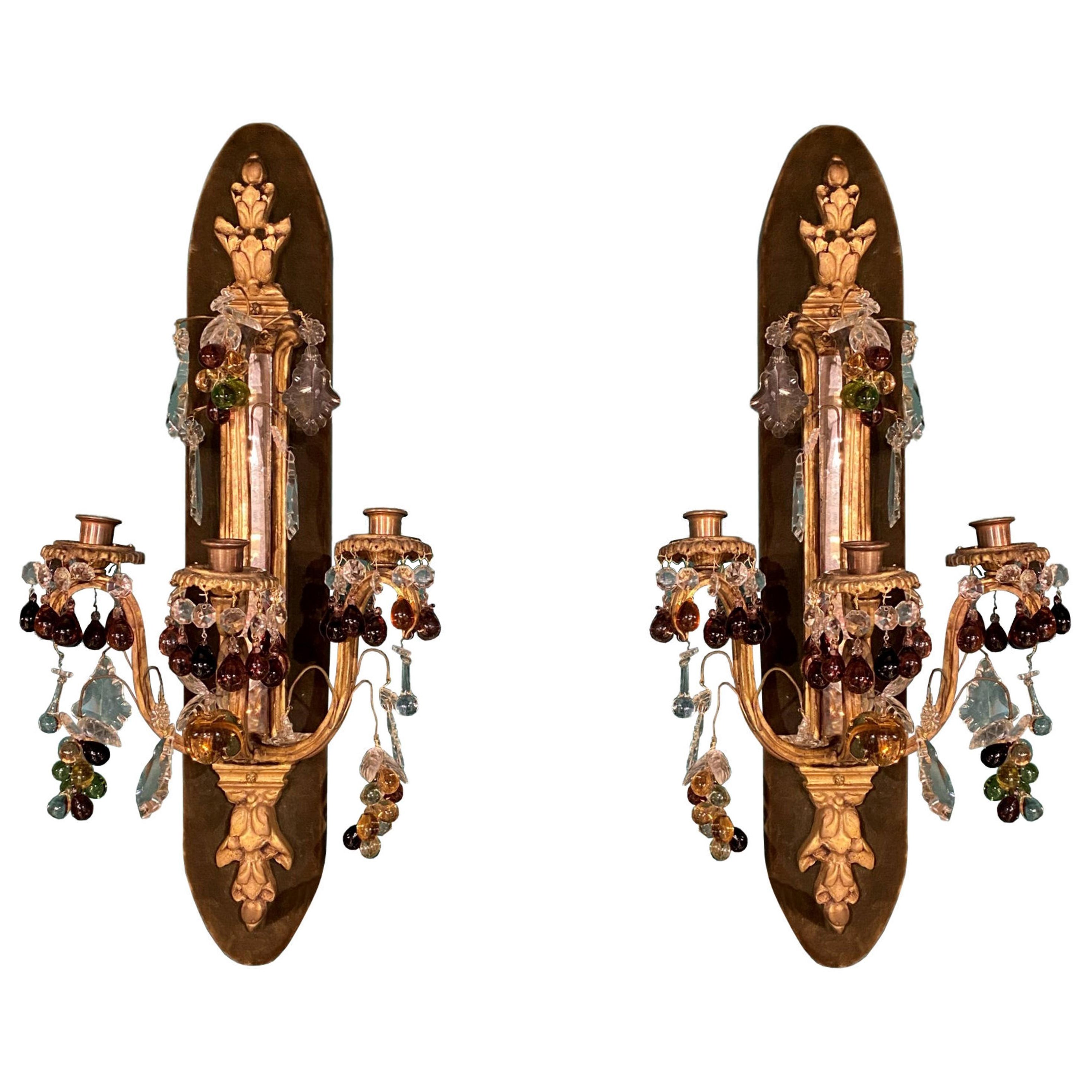 pr of French 19 century Bronze Sconces with Fruit Shaped Crystal Pendants For Sale