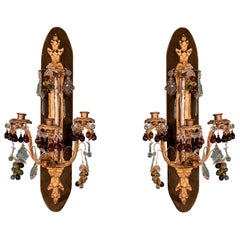 Antique pr of French 19 century Bronze Sconces with Fruit Shaped Crystal Pendants