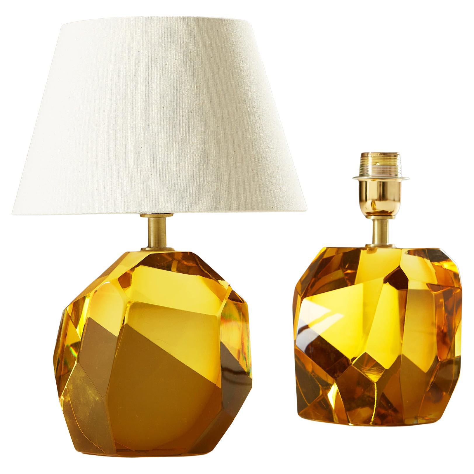 Pair of Italian Amber Murano Jewel Rock Table Lamps