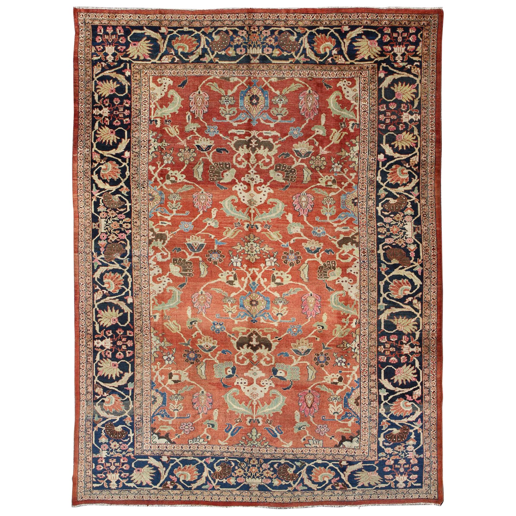 Large Antique Hand Knotted Persian Sultanabad Rug in Red and Blue For Sale