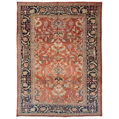 Large Antique Hand Knotted Persian Sultanabad Rug in Red and Blue
