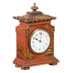 Petite English Asprey London 1930s Painted Wood Chinoiserie Mantel Clock