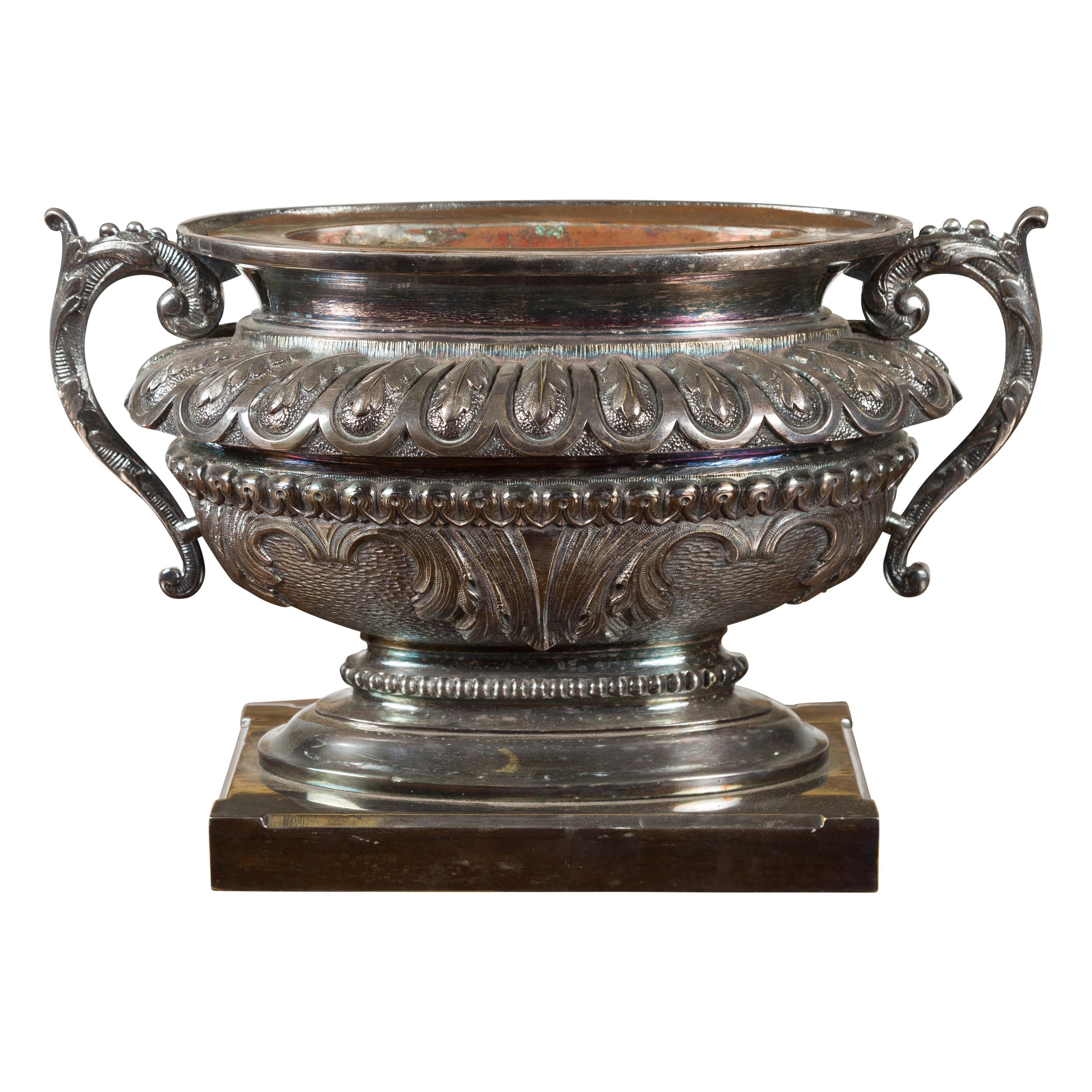 English Silver Plate Oval Cachepot with Copper Liner and Foliage Motifs