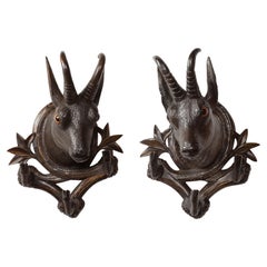 Antique Pair of Black Forest 1880s Carved Wooden Chamois Coat or Hat Racks with Foliage