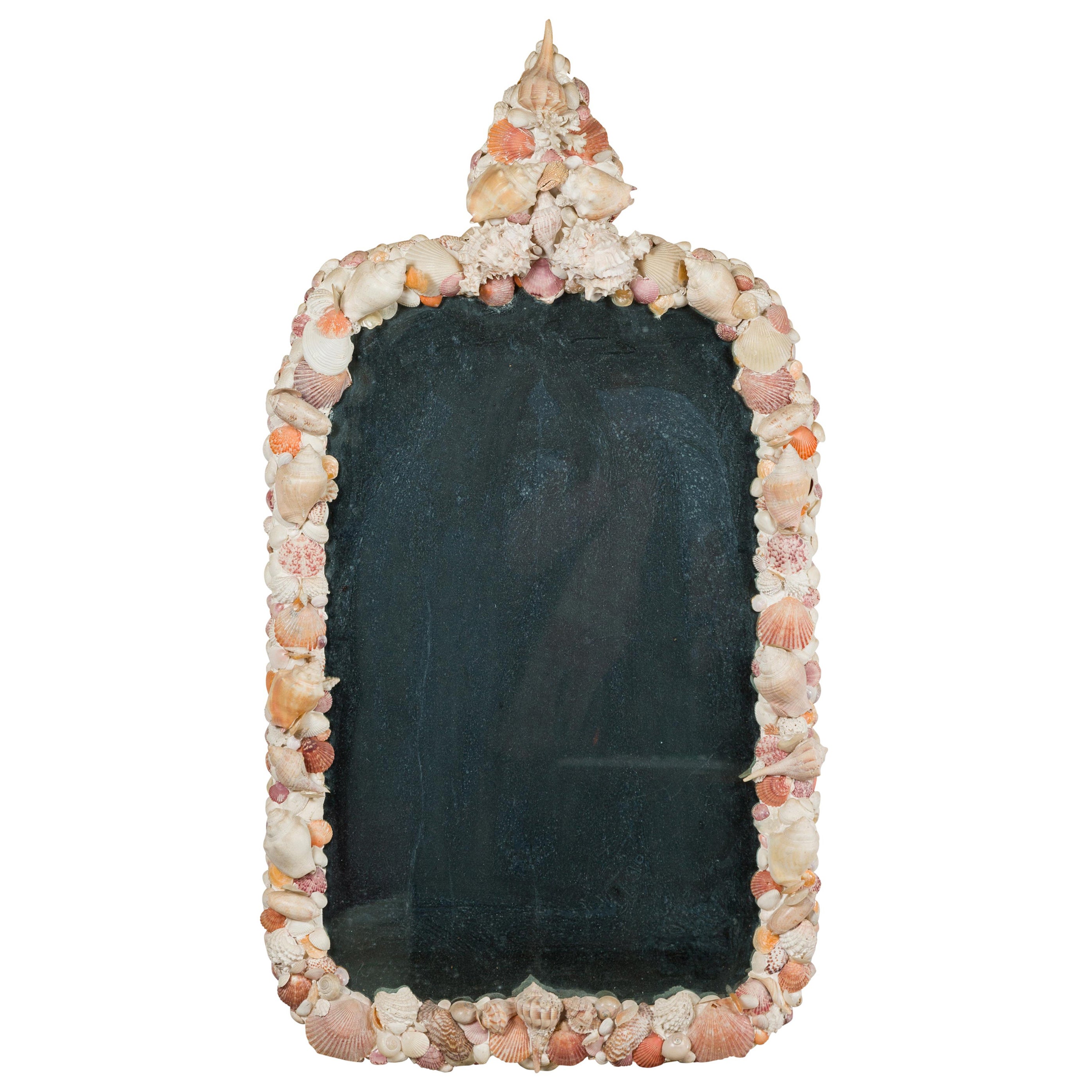 American 1930s Shell Mirror with Pyramidal Crest and Pastel Tones For Sale