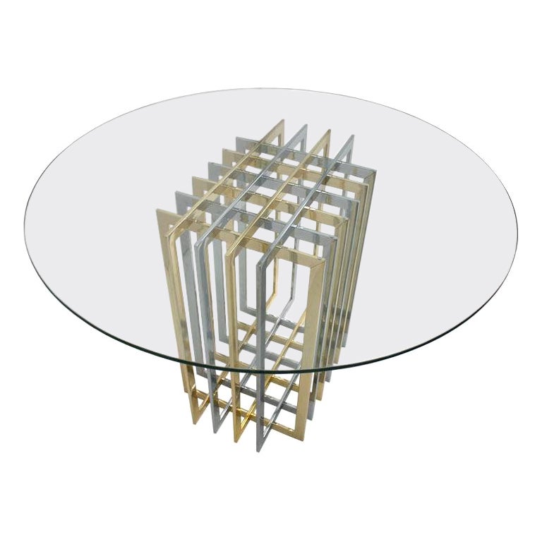 Table italienne contemporaine à structure en laiton et chrome et plateau en verre