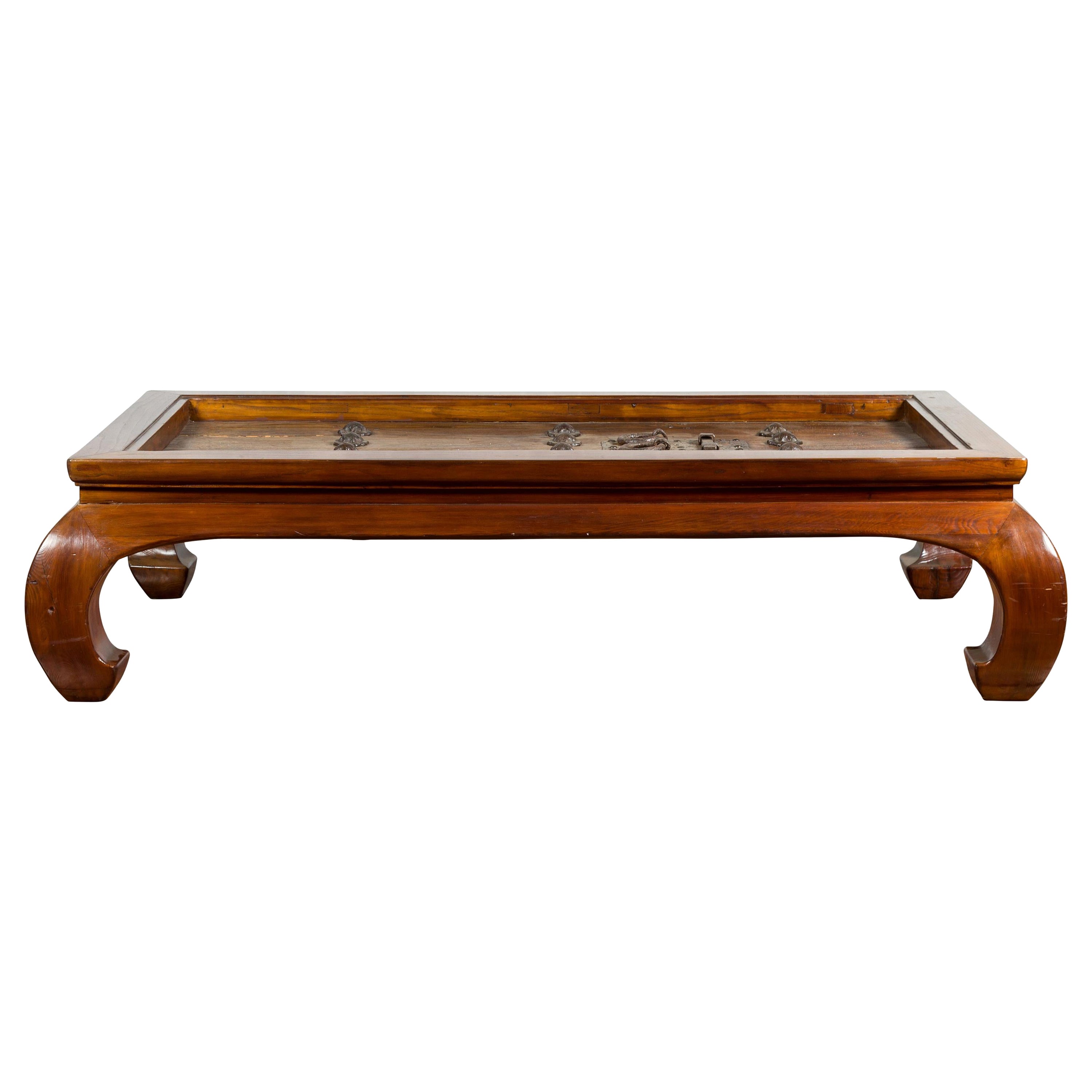 18th or 19th Century Elm Doors with Iron Hardware Made into a Ming Coffee Table