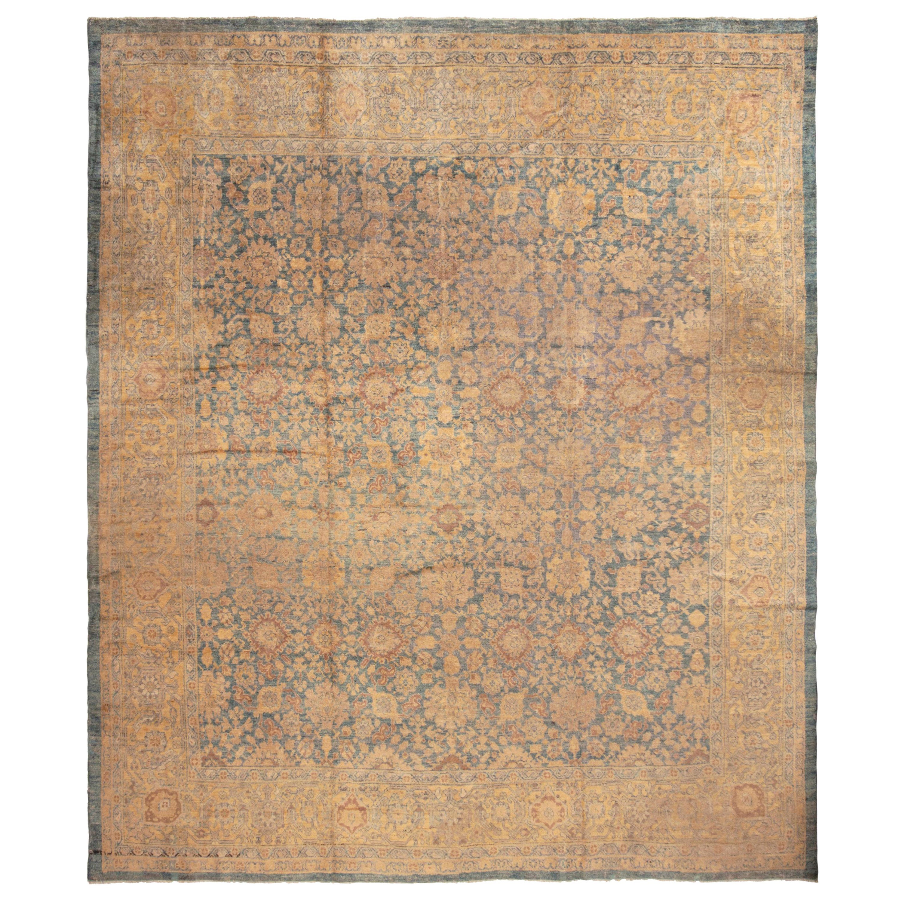 Antique Sultanabad Blue Wool Rug with All-Over Floral Pattern