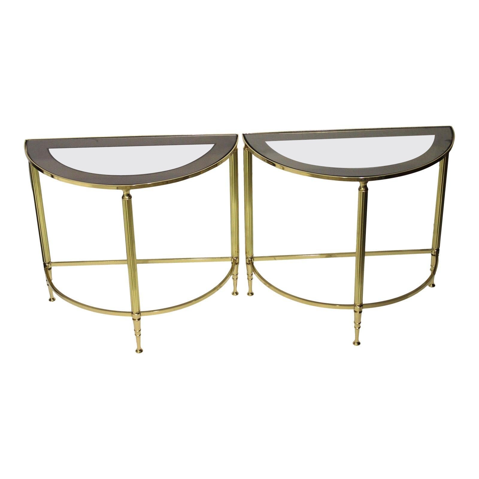 Pair of Demi-Lune Drinks or Side Tables Brass and Smoked Glass