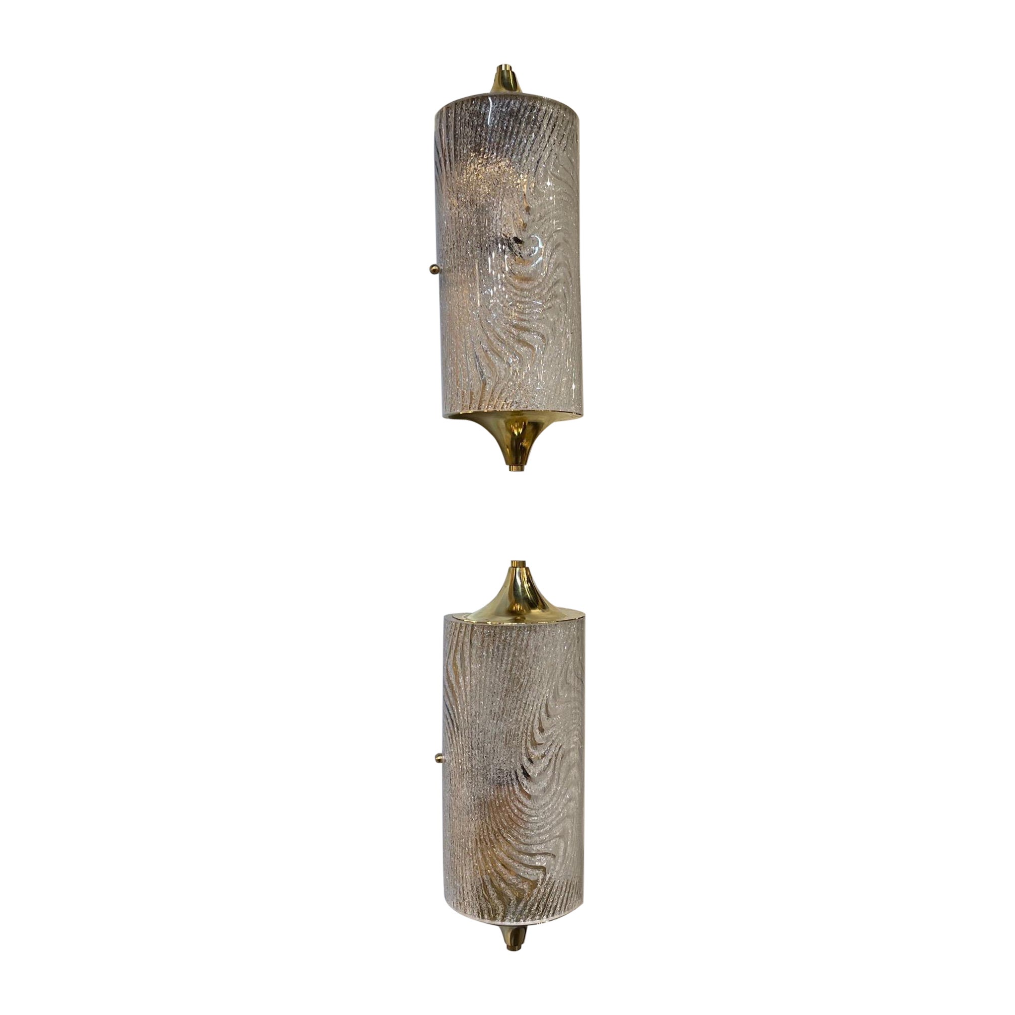 Pair of Murano Wave Glass and Brass Barrel Form Sconces For Sale