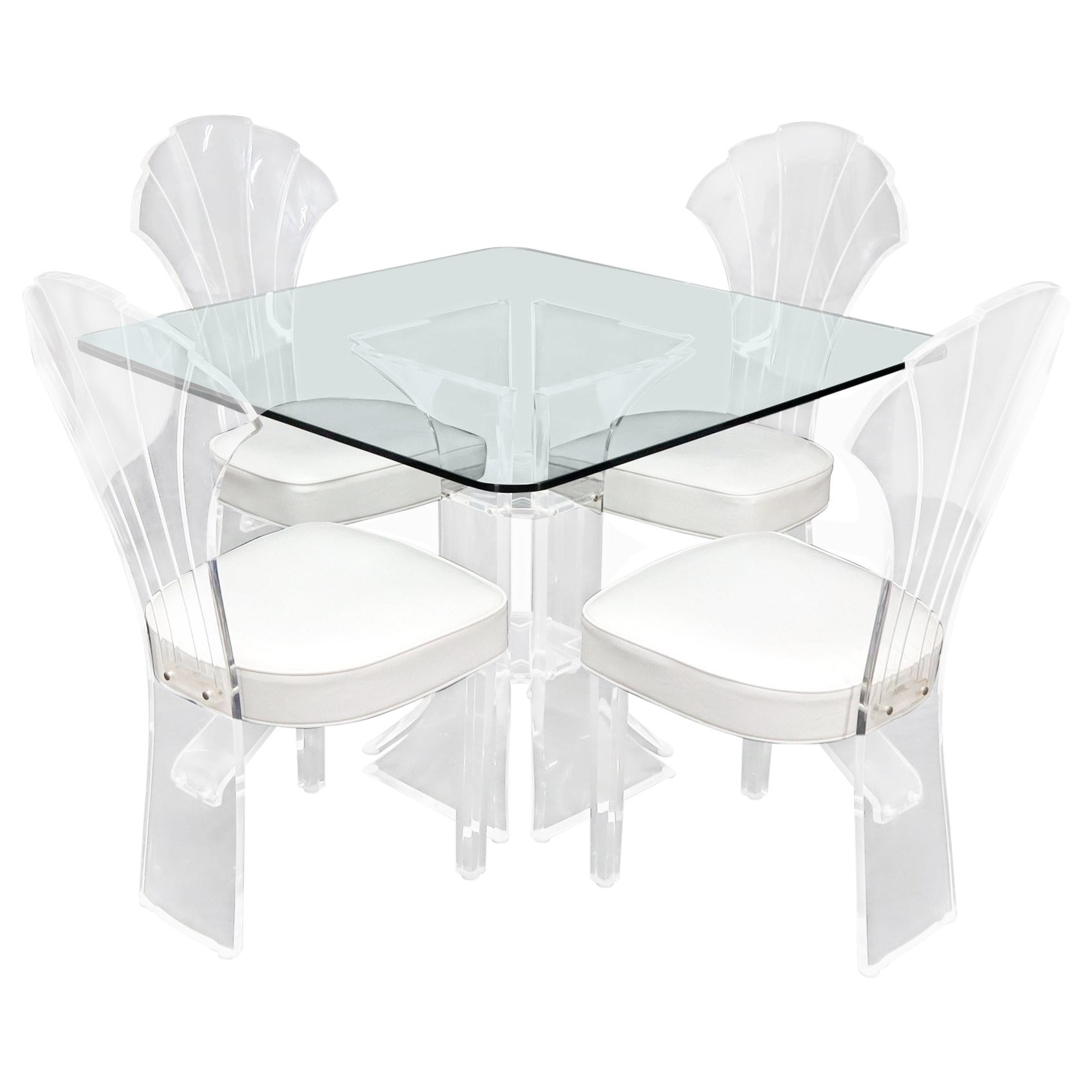 Set of 4 Lucite Dining Chairs Square Dining Table on Single Pedestal Base For Sale