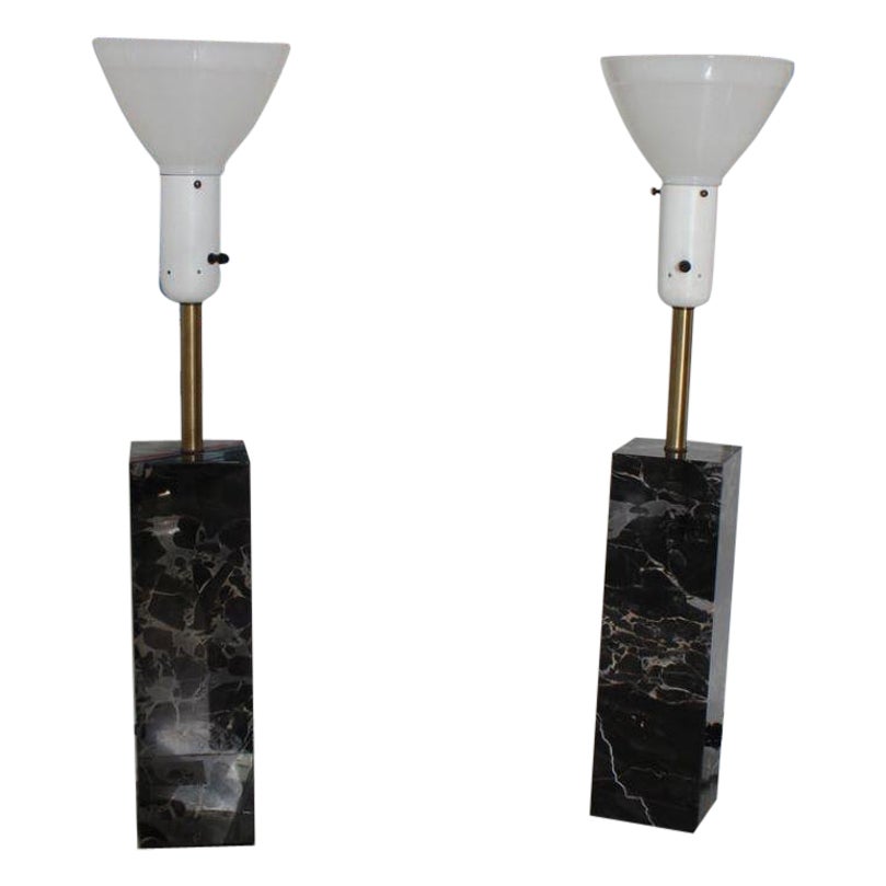 Pair Mid-Century Modern Walter Von Nessen Table Lamps in Black Variegated Marble