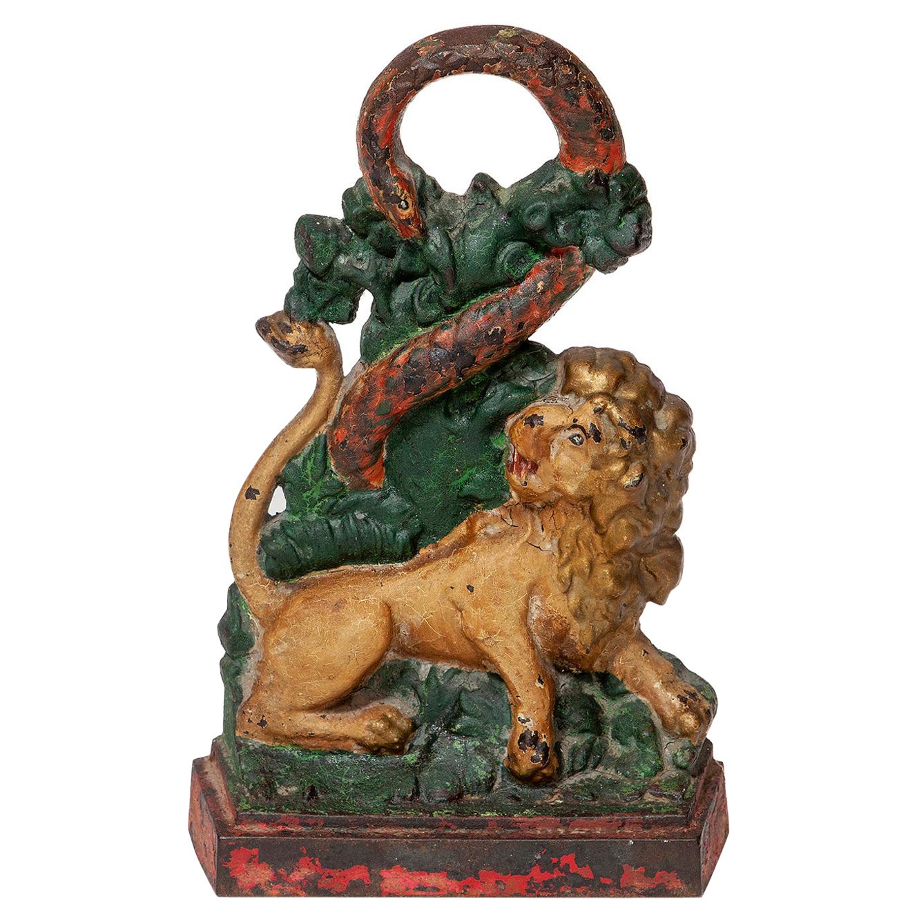 Door Stop Cast Iron, Victorian Lion Serpent Original Green Red Gold For Sale