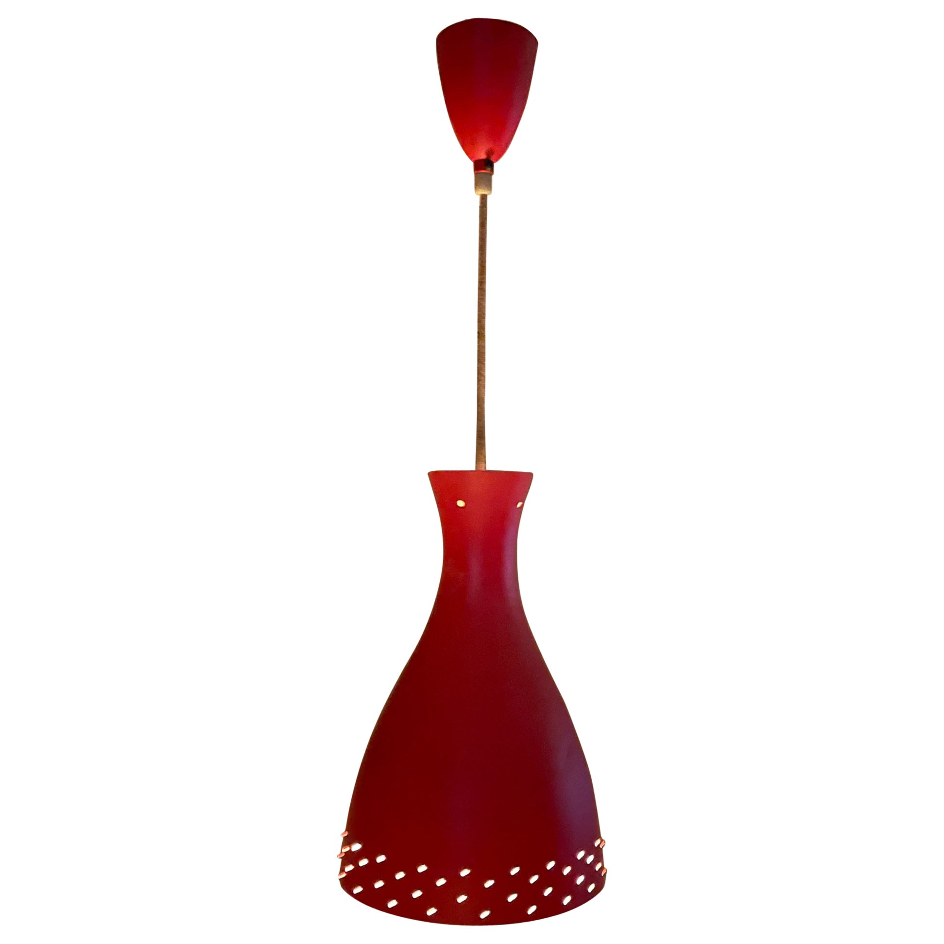 1950s Stilnovo Red Perforated Cone Italian Pendant Lamp Italy