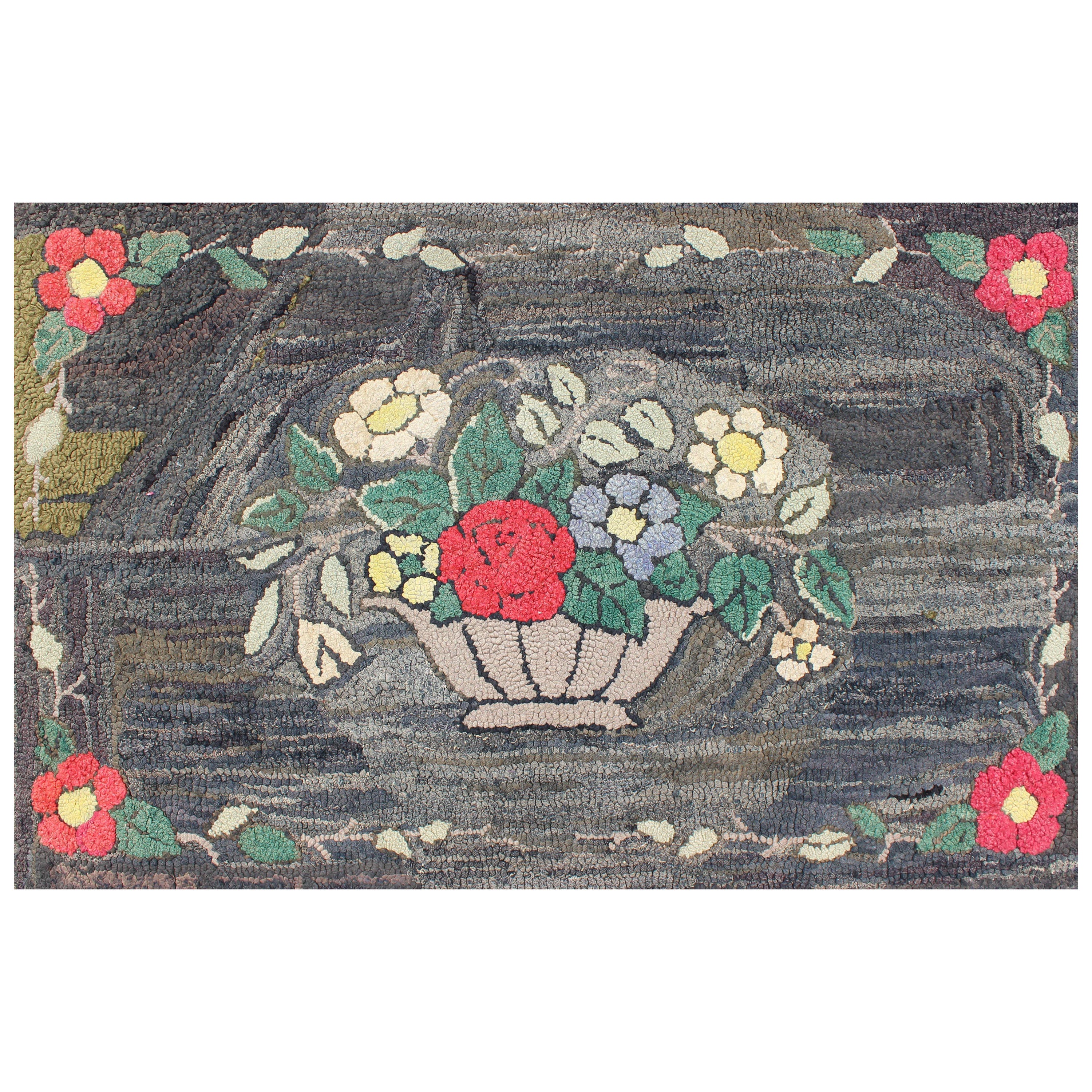 Charcoal, Red, and Green Antique American Hooked with Large Flower Pot Design For Sale