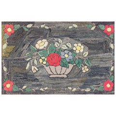 Charcoal, Red, and Green Antique American Hooked with Large Flower Pot Design