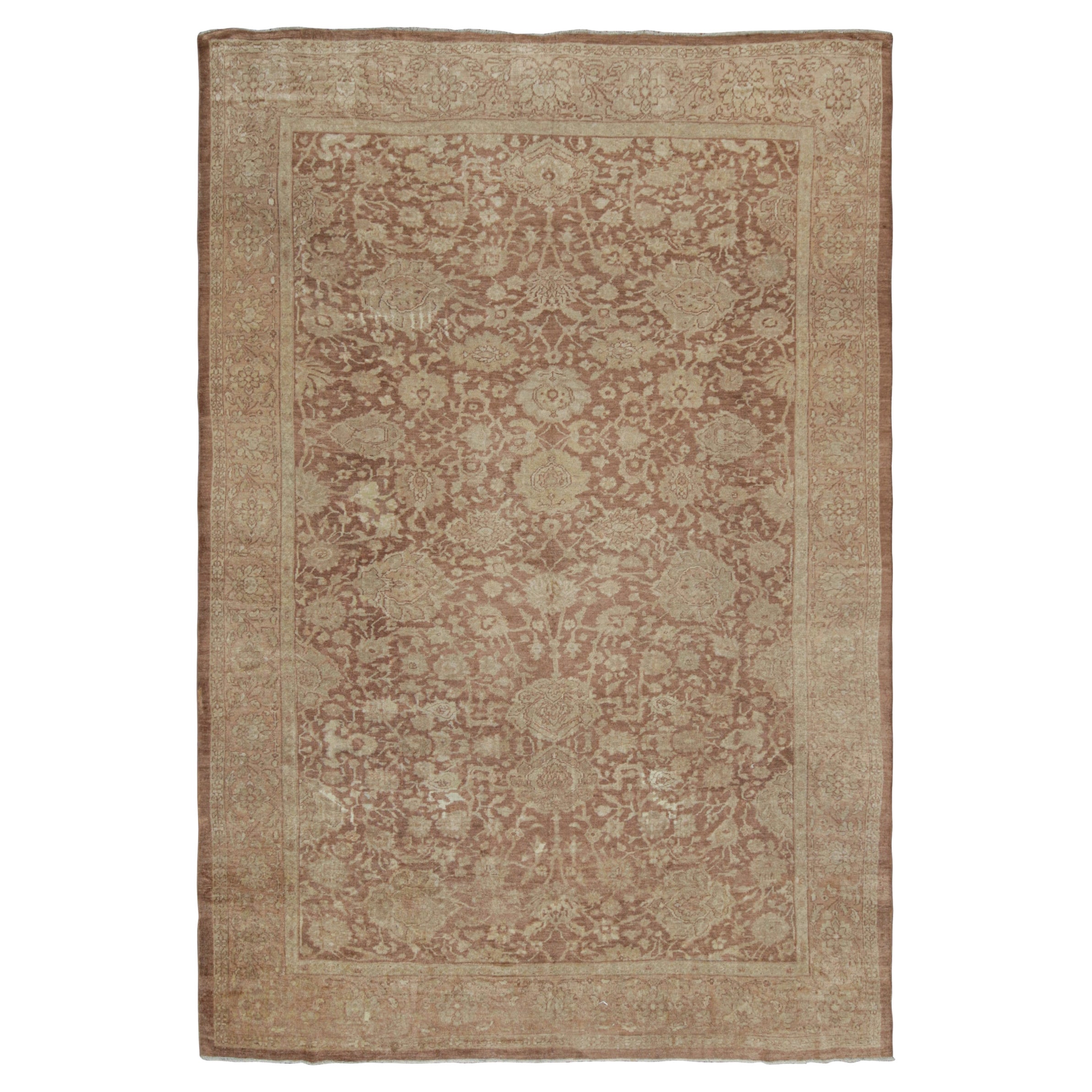 Antique Mahal Persian rug in Beige-Brown Floral Patterns from Rug & Kilim For Sale
