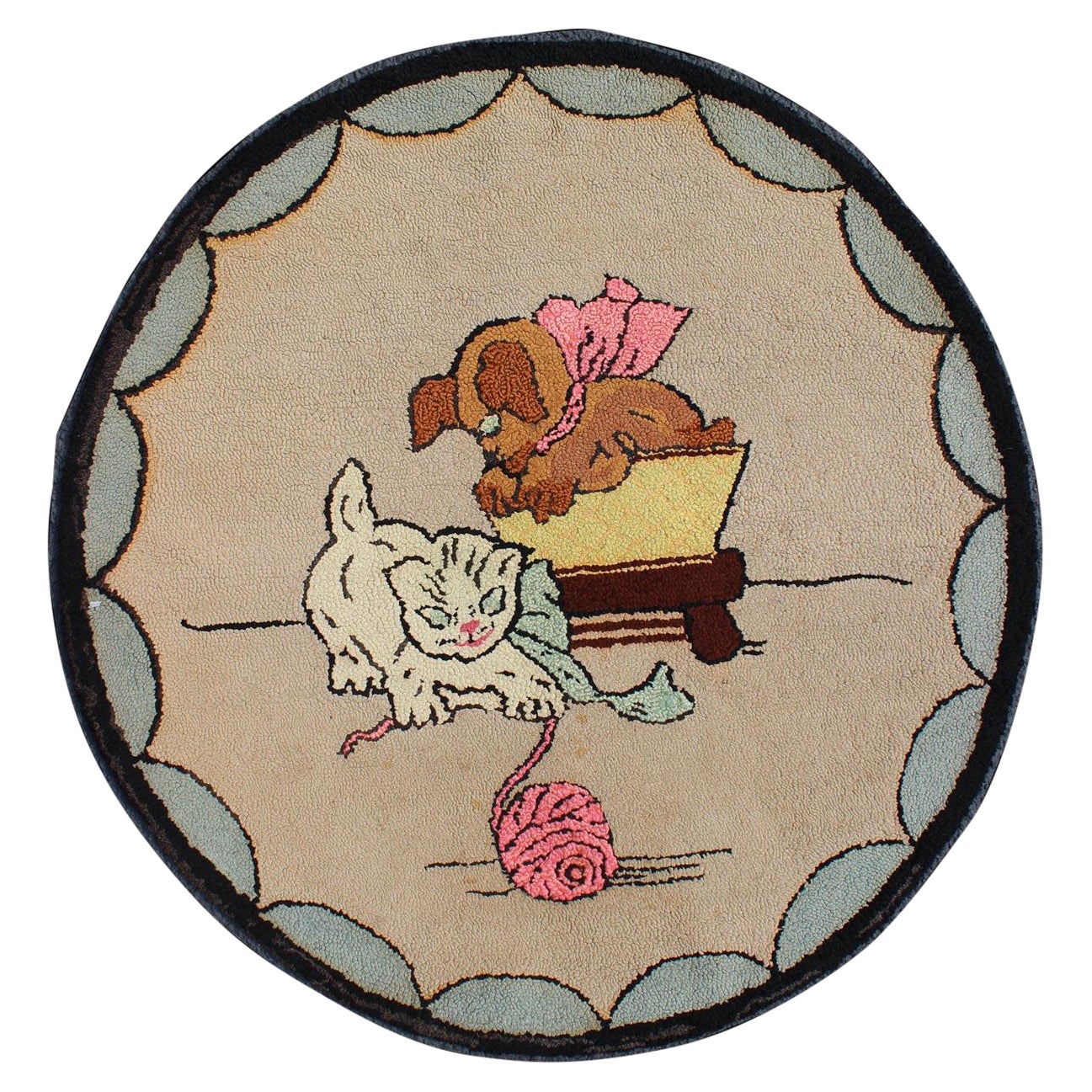 American Hooked Circular Rug with a Cat and Dog For Sale