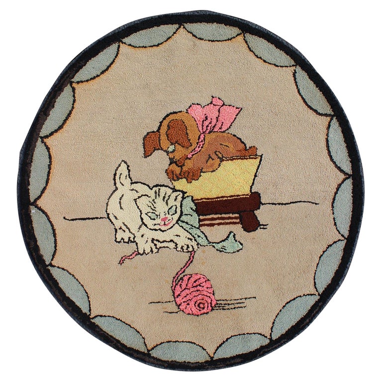 American Hooked Circular Rug with a Cat and Dog For Sale at 1stDibs
