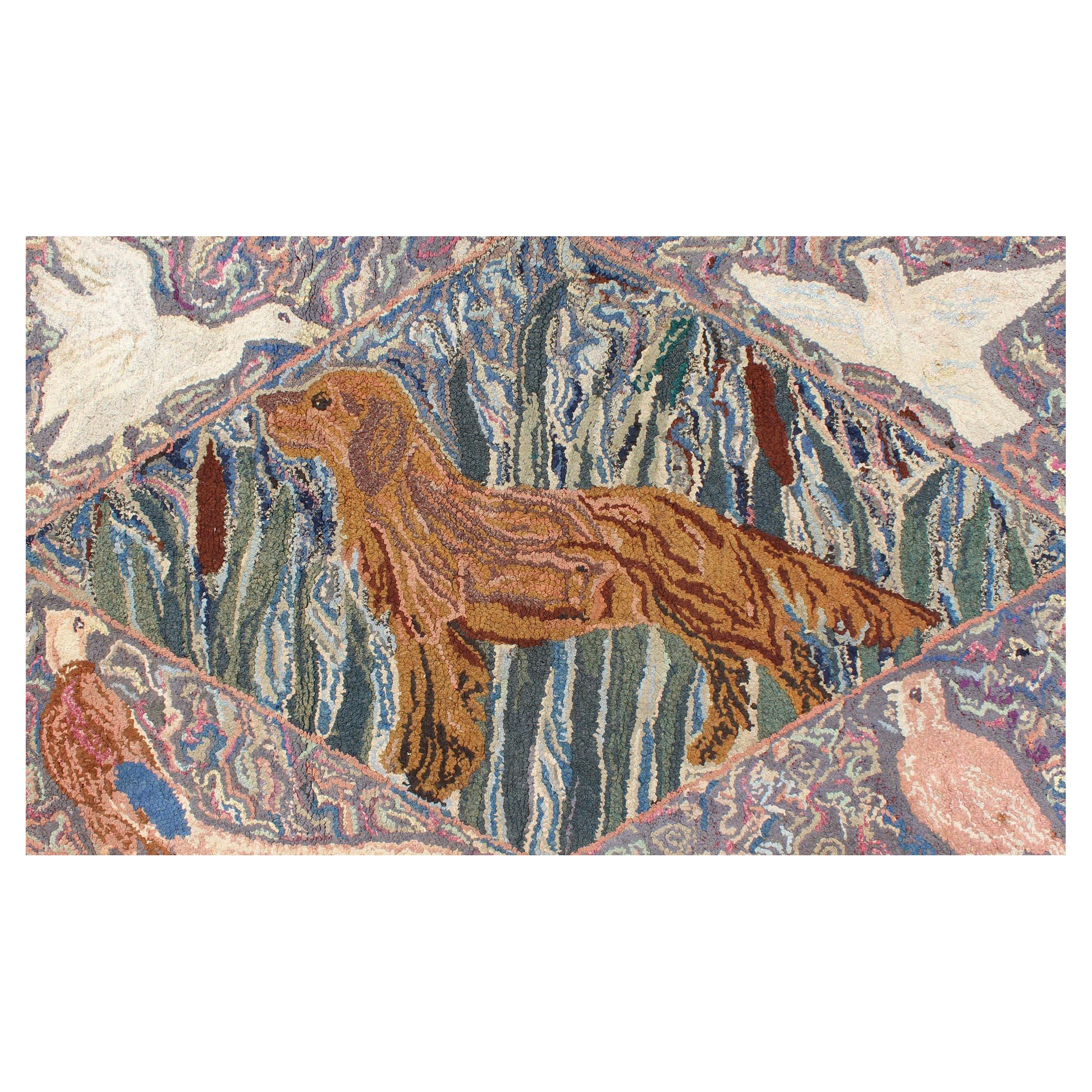 American Hooked Rug with a Golden Retriever with Different Type of Birds For Sale