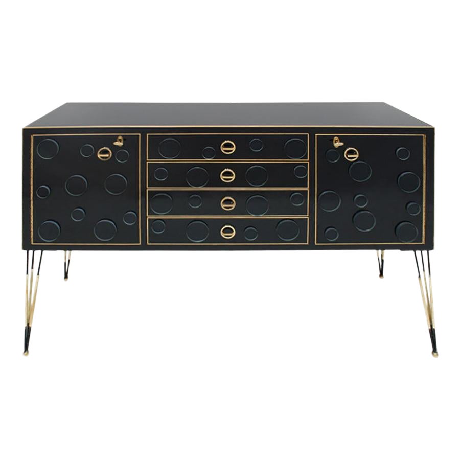 Mid-Century Modern Style Made of Wood, Dark Glass and Brass Italian Sideboard For Sale