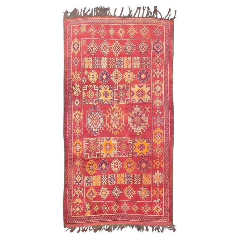Antique Moroccan Rug in Crimson Red, Orange, Blue and Yellow
