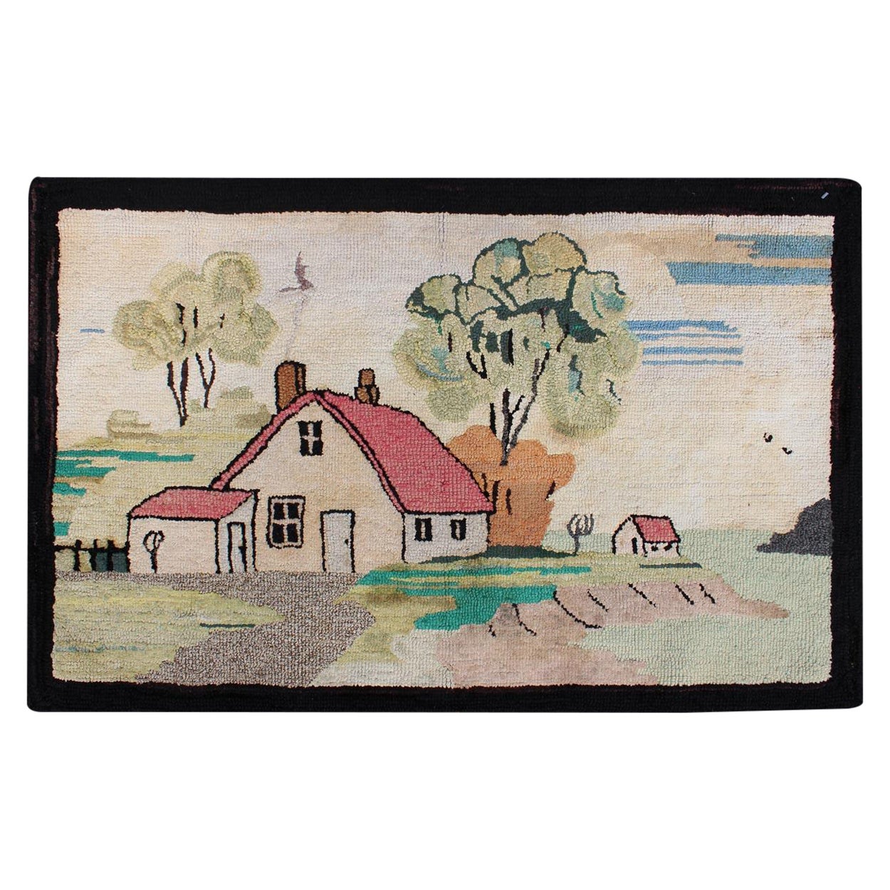 Pictorial Antique American Hooked Rug with Old Farm House Setting For Sale