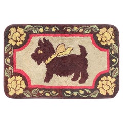 Antique American Hooked Rug with a Scottie Dog with a Ribbon Around It
