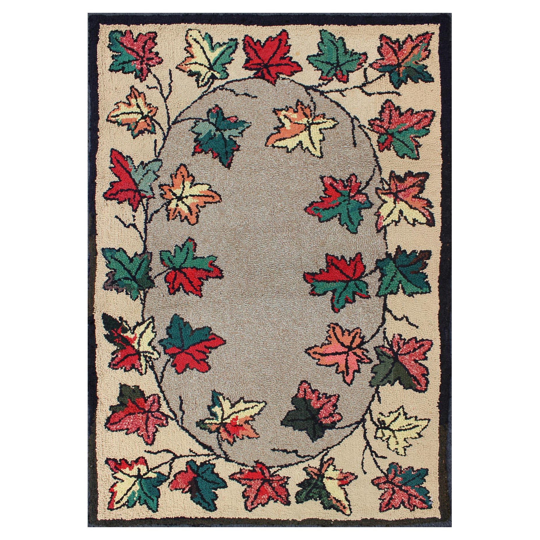 Leaf Design American Hooked Rug in Red, Green, and Charcoal Outlines For Sale