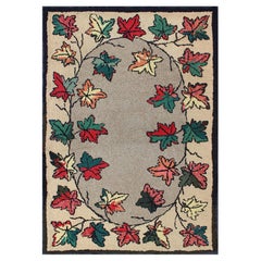 Leaf Design American Hooked Rug in Red, Green, and Charcoal Outlines