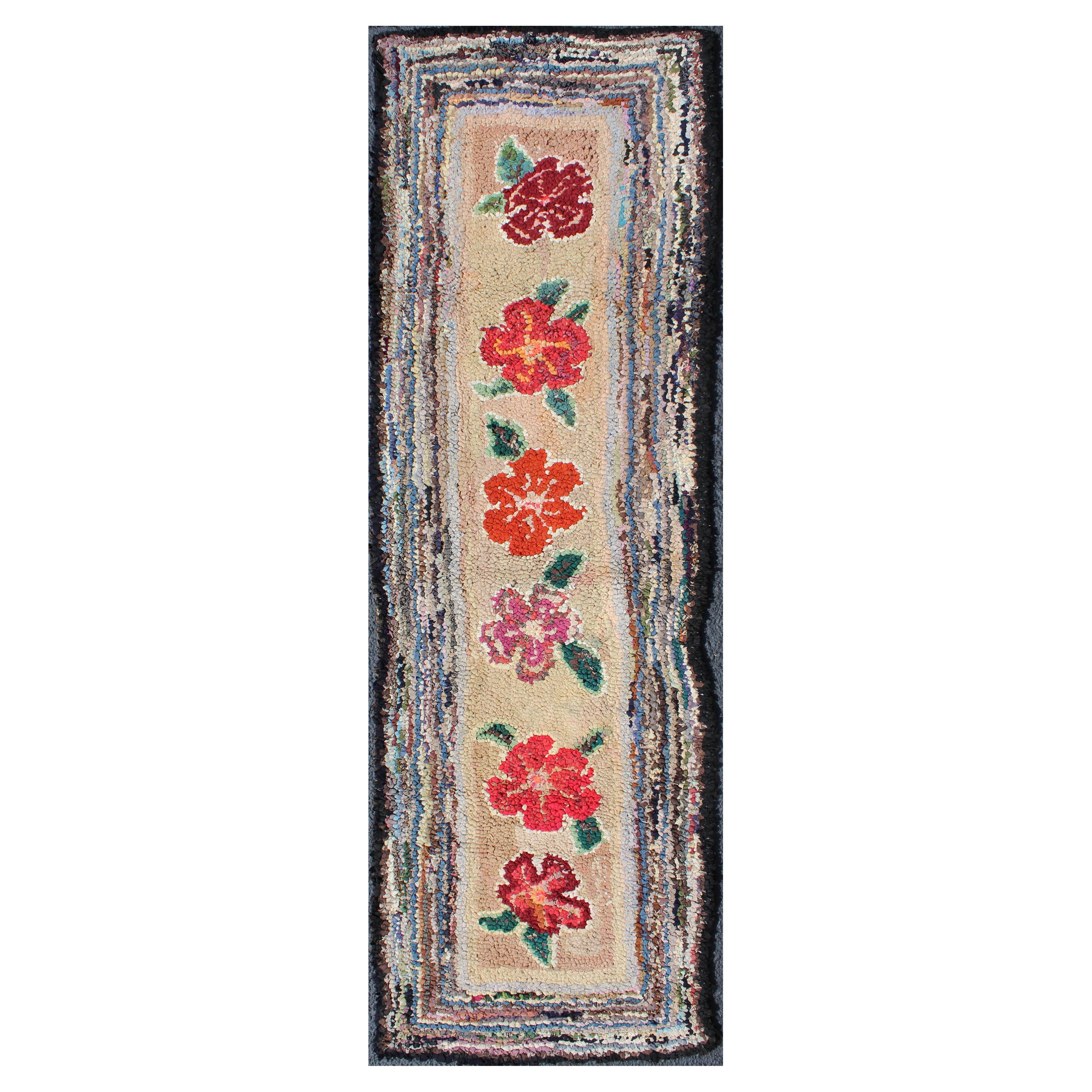 American Hooked Runner with Colorful Vertical Floral Medallion Design For Sale