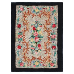Charcoal, Red, and Green Antique American Hooked Rug with Large Flower Design