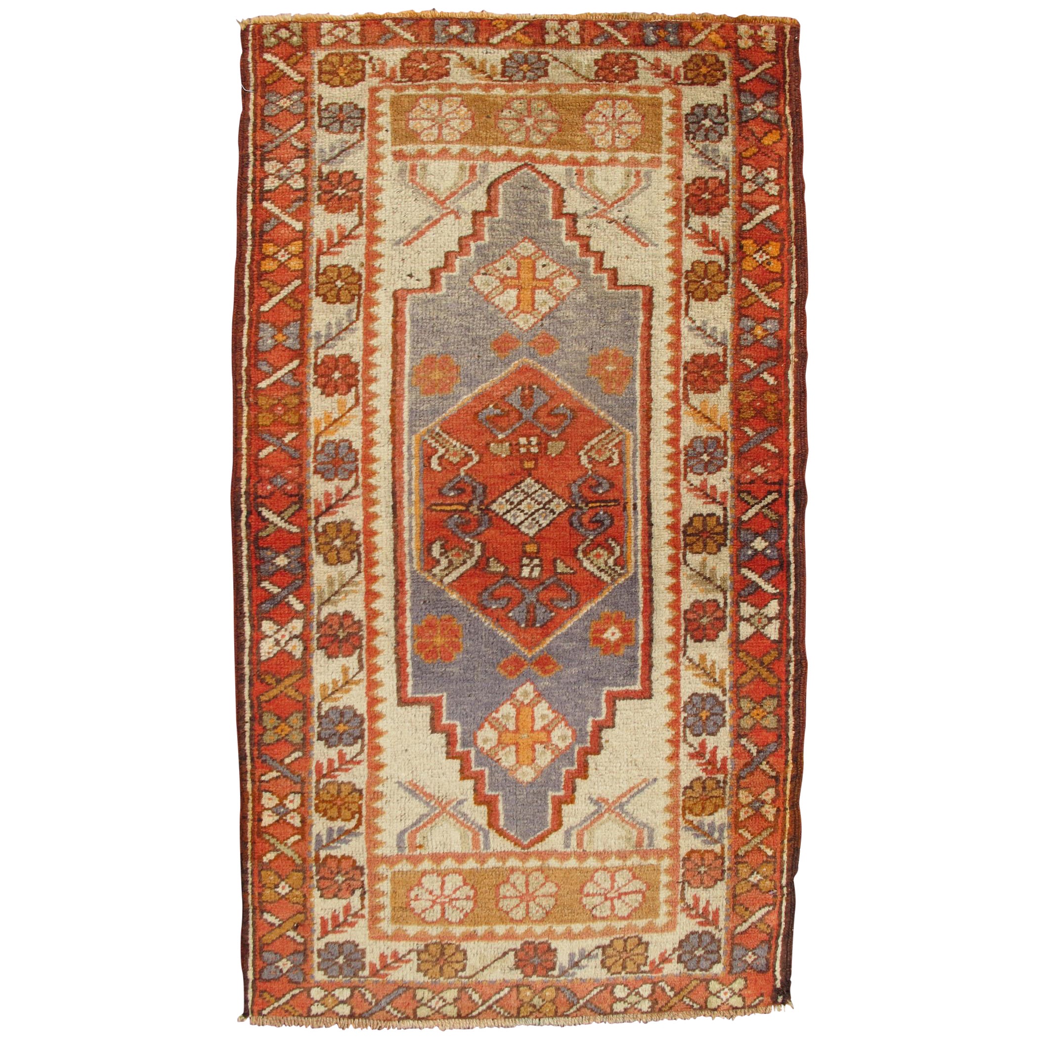 Antique Oushak Turkish Rug from Turkey in Burnt Red, Orange and Muted Grey Blue