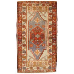 Retro Oushak Turkish Rug from Turkey in Burnt Red, Orange and Muted Grey Blue