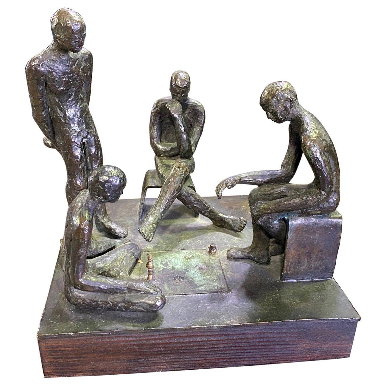 Mid-Century Modern Signed Bronze Sculpture of Four Contemplative Men in Park For Sale