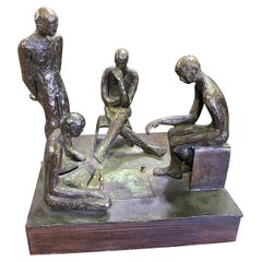 Mid-Century Modern Signed Bronze Sculpture of Four Contemplative Men in Park