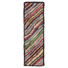 Antique American Hooked Runner with Diagonal Stripes in Multi Colors