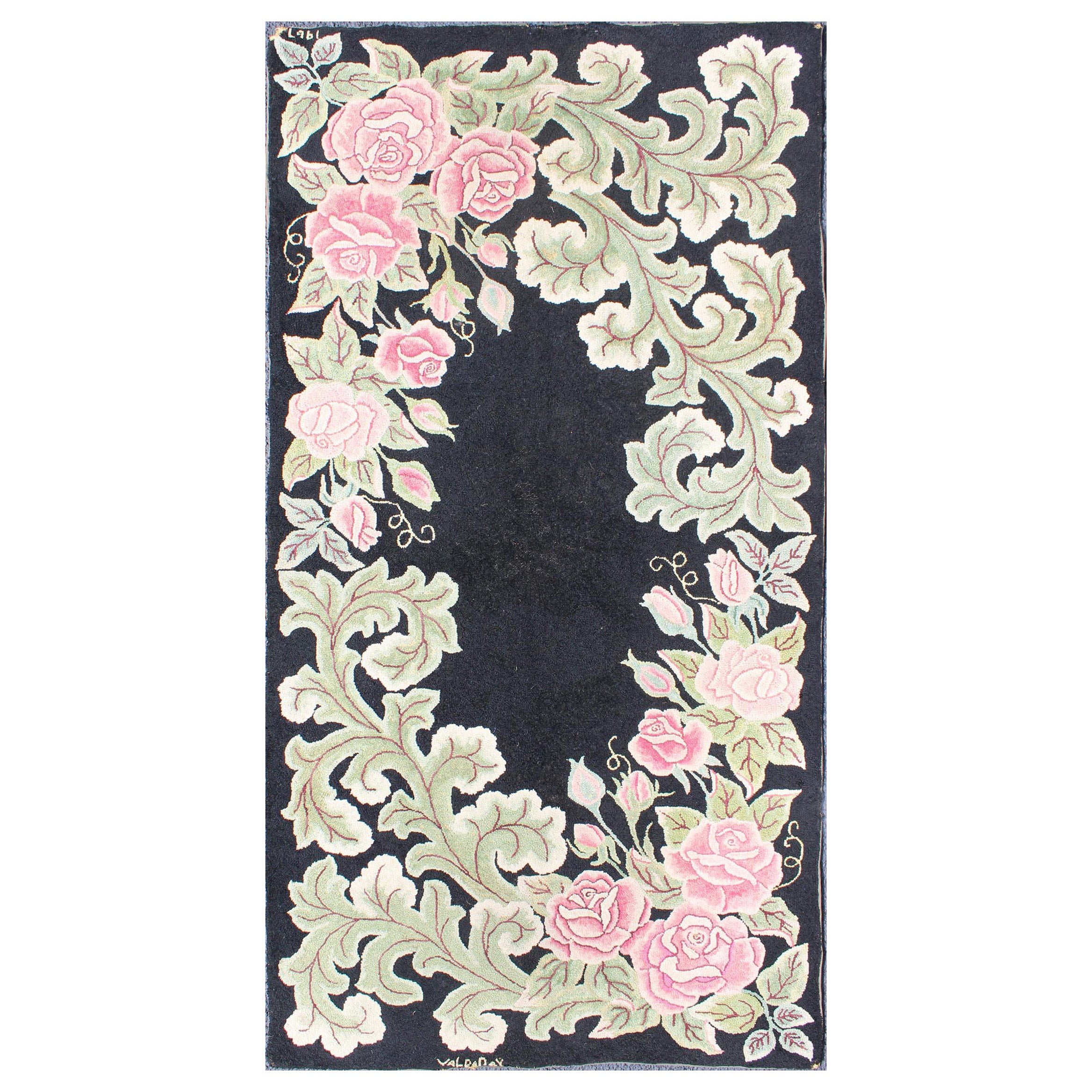 Vintage American Hooked Rug with Large Floral Design on a Black Background