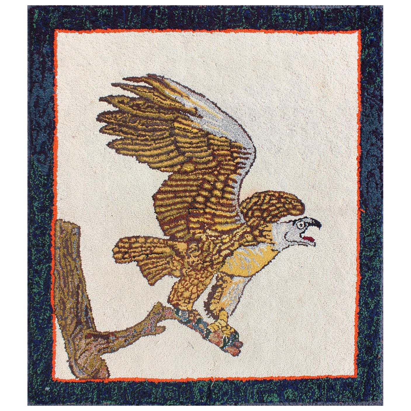 Pictorial ancien tapis américain crocheté d'un aigle d'Amérique
