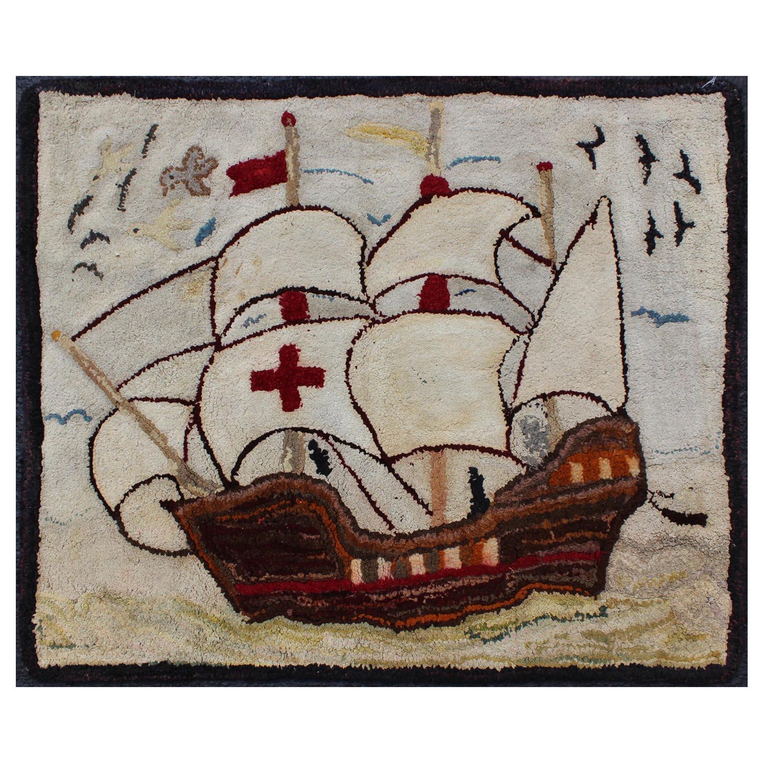 Pictorial Antique American Hooked Rug with Knights Templar Ship at the Sea For Sale